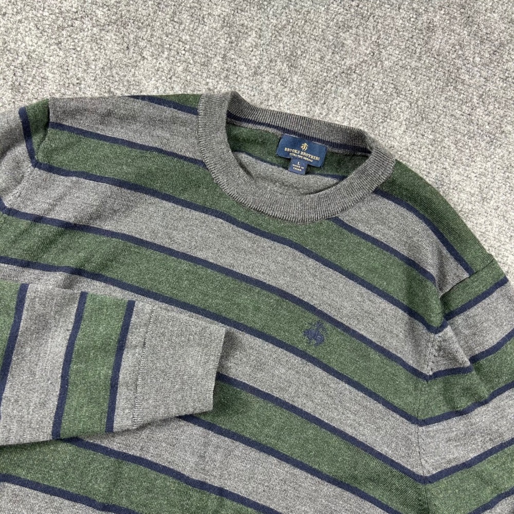 Brooks Brothers Sweater Mens L Grey Green Striped Extra Fine Merino Wool